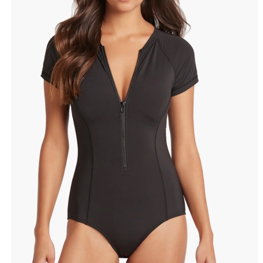 Short Sleeve Multifit Front Zip One-Piece Swimsuit